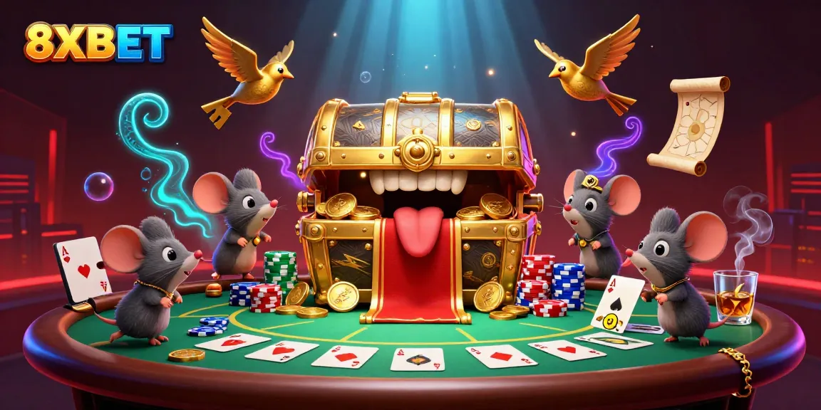 Experience the thrill of 8XBET with mice adventurers and golden treasures at a vibrant poker table.