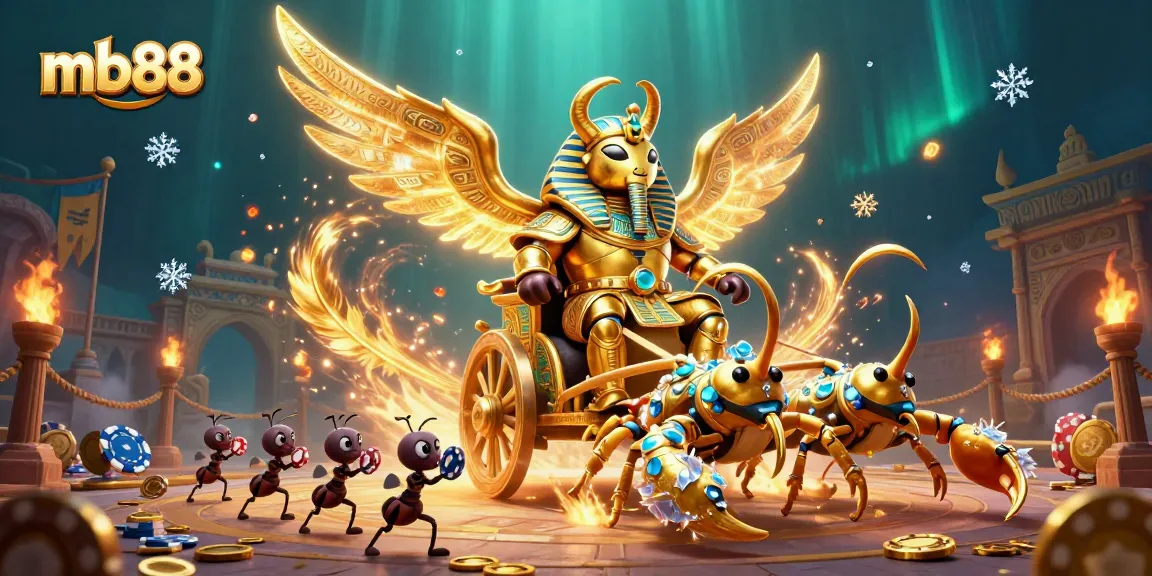 Experience thrilling mb88 gaming with a colossal golden scarab beetle leading a vibrant chariot, surrounded by immersive casino elements.