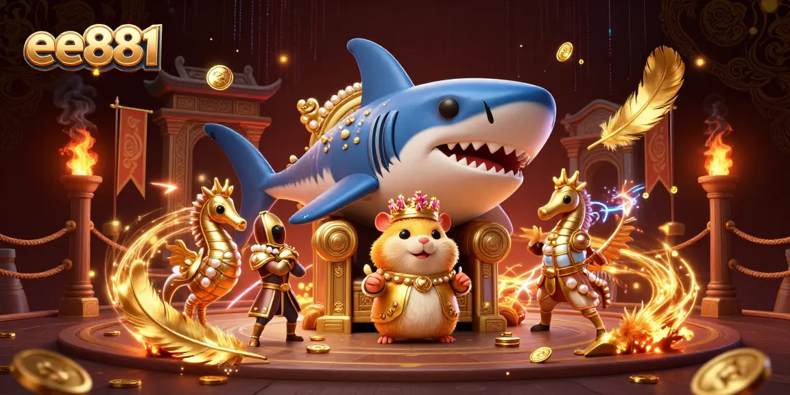 Witness the golden hamster king ruling the EE881 underwater casino realm amid shimmering treasures and dynamic game elements.