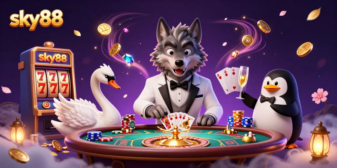 sky88 showcases a thrilling casino scene with a debonair wolf and playing cards at a baccarat table.