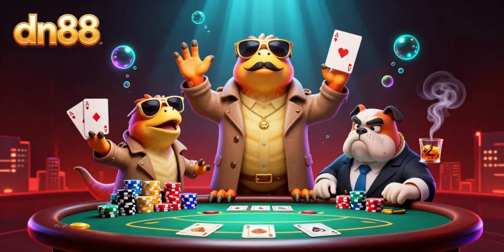 Experience the excitement of dn88, with raptors in disguise entering a VIP casino lounge amid poker elements.