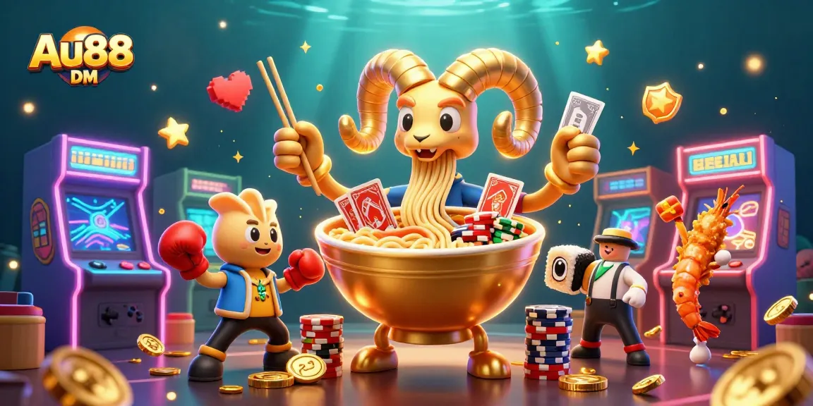 Experience excitement with Au88 DM: a dynamic 3D casino scene of characters dealing cards and stacking chips.