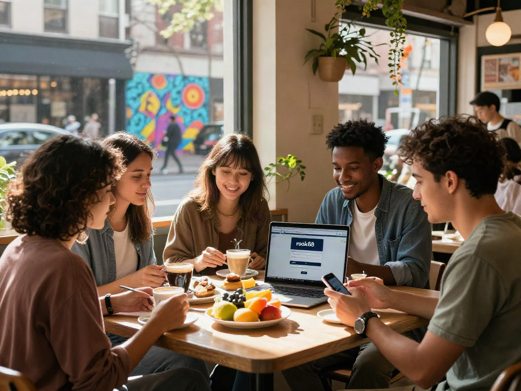 Friends using rokok88 login at a cozy café, surrounded by coffee and pastries.