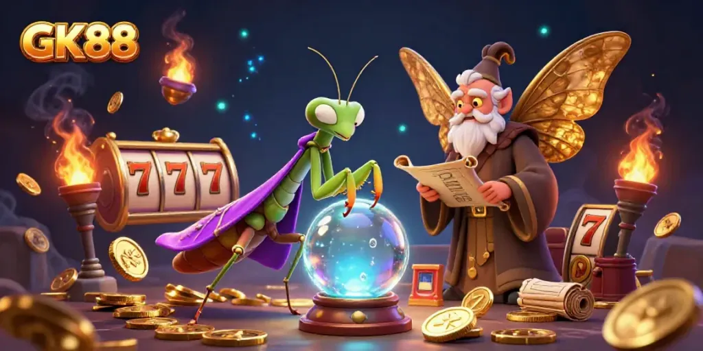 Experience thrilling wins at GK88 with a vibrant 3D casino scene featuring fortune tellers, magical elements, and dynamic slot machines.