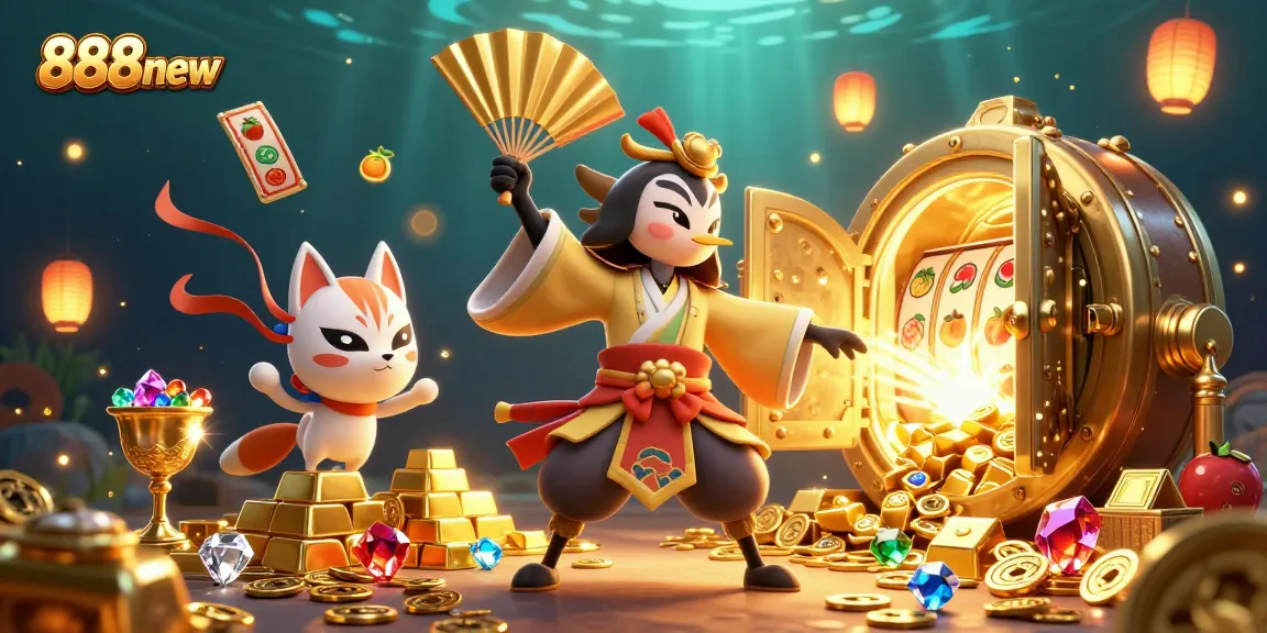 Engage in the world of 888new with vibrant slot reels, kabuki warrior, and golden treasures.