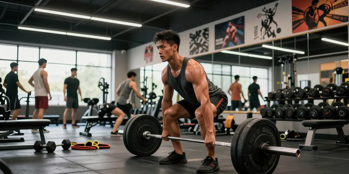 Strong man lifting weights in a vibrant gym at Anabolika Shop, showcasing dedication to bodybuilding and fitness.