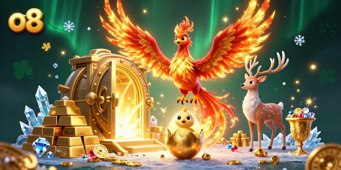 Experience the exciting o8 casino atmosphere with a vibrant 3D illustration of a phoenix and treasure.
