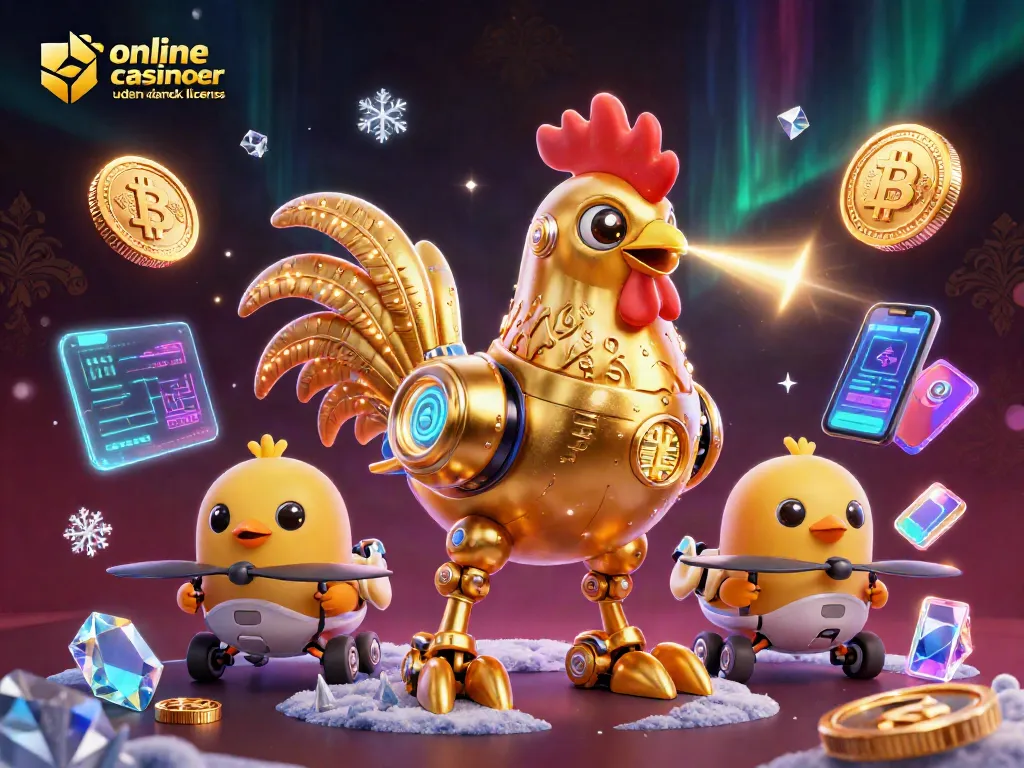 Engage with online casinoer uden dansk licens through a vibrant 3D scene of a golden rooster robot and baby chick drones.