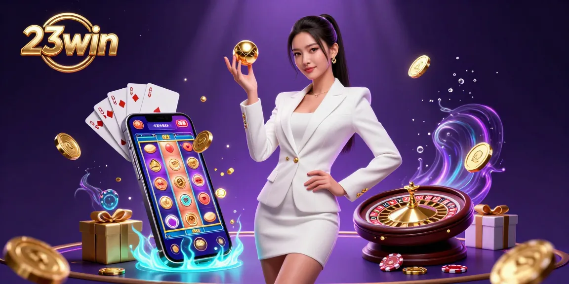 Engage with the excitement of 23win through this vibrant casino scene with dynamic game elements and a confident player.