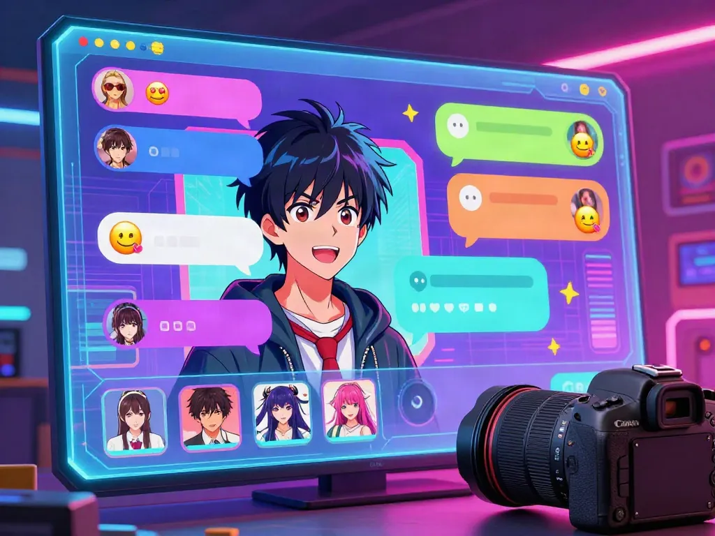 Dynamic hentai chat experience with anime characters engaging users in a colorful virtual space.