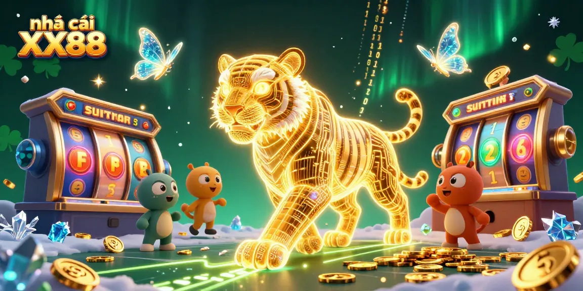 Experience the excitement at nhà cái XX88 as a golden tiger prowls through a vibrant digital casino, surrounded by spinning slot reels and gold coins.