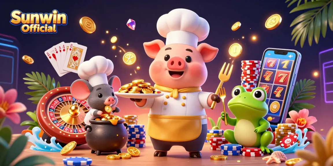 Experience stunning gameplay at Sunwin Official, with a colorful 3D scene of a chef pig, sous-chef mouse, and critic frog in a vibrant casino.