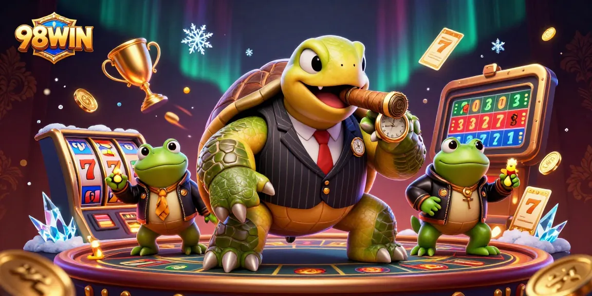 Experience the thrilling atmosphere of 98WIN with a vibrant casino scene featuring cartoon characters and dynamic gaming elements.