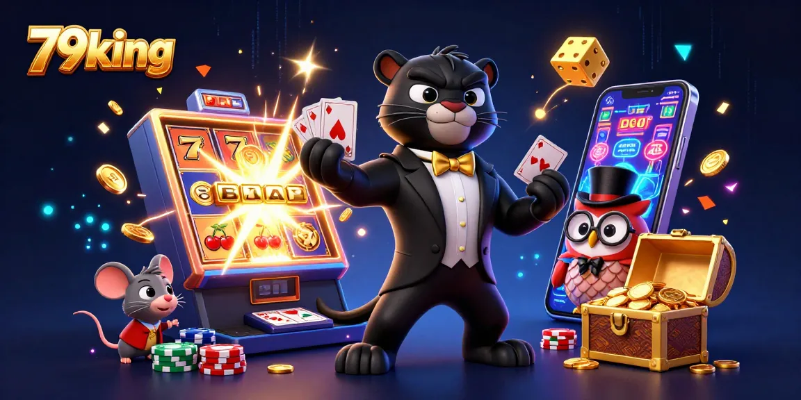 79king players enjoying a vibrant casino scene with a charming panther dealer, a whimsical owl, and a lucky mouse amidst slot bursts.