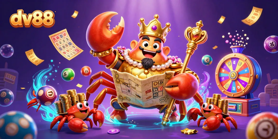 Experience the excitement of dv88 with a vibrant, lively illustration featuring an emperor crab and winning lottery elements.