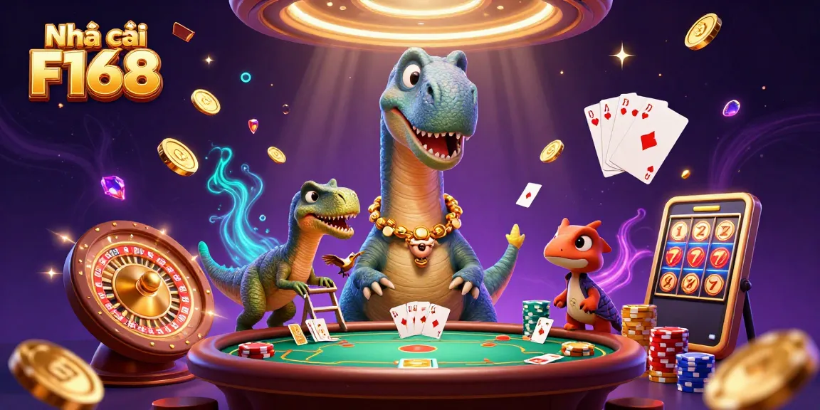 Engage with the dynamic world of Nhà cái F168 featuring an intricate casino scene with lively characters and game elements.