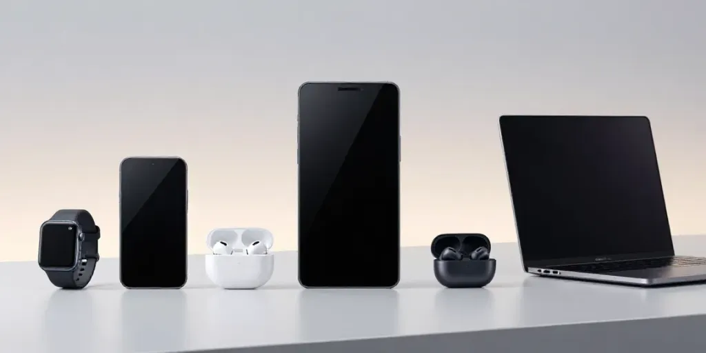 Moderne Gadgets wie Smartphone, Smartwatch und Laptop in minimalistischer Umgebung.