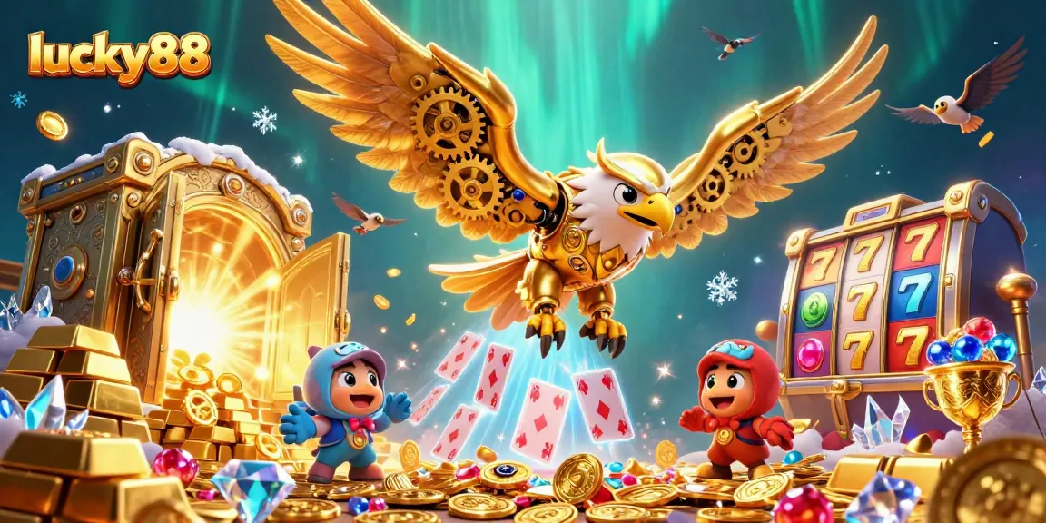 Experience lucky88's thrilling gameplay with a vibrant scene of a golden eagle amidst cascading holographic cards.