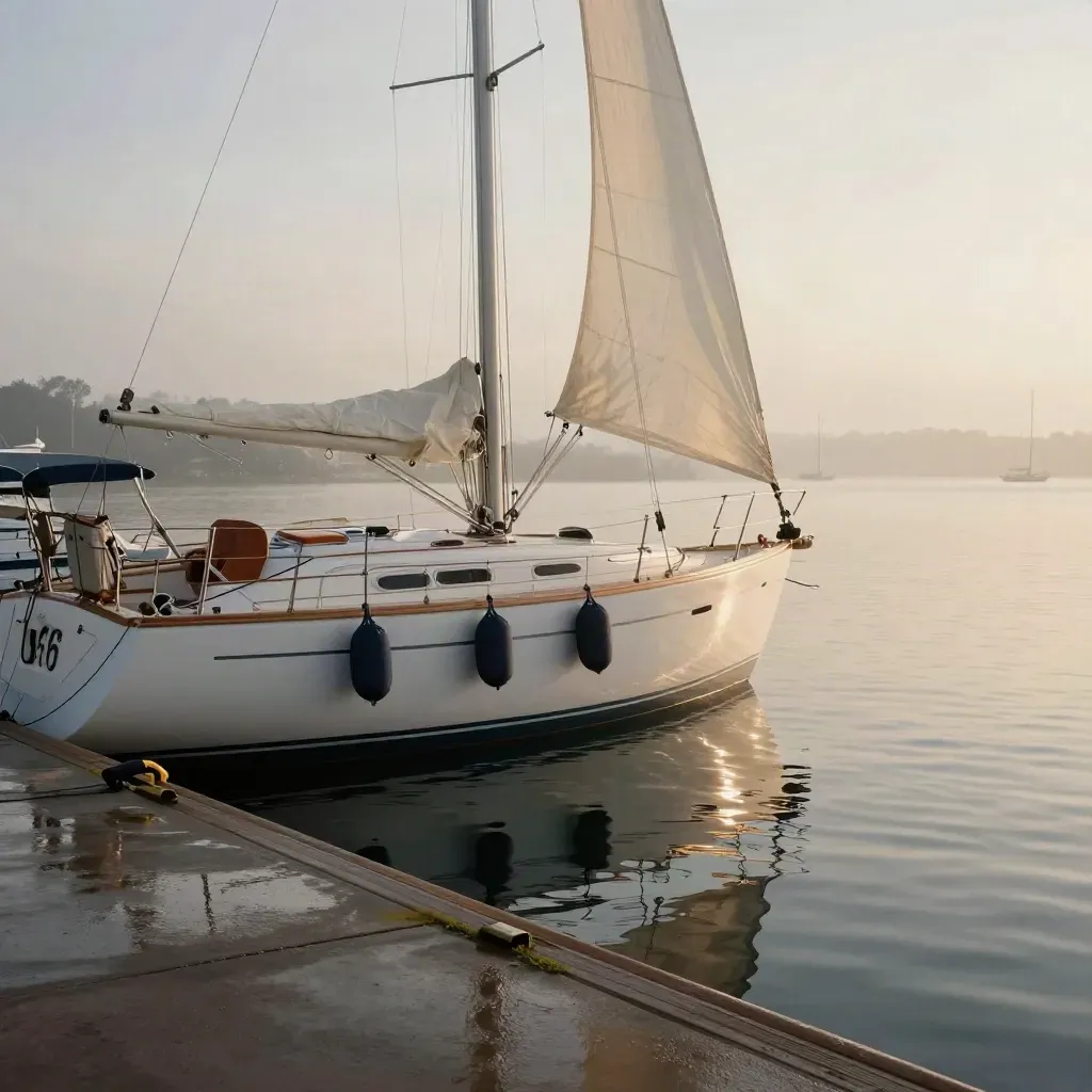Segelyacht im Hafen im Morgenlicht mit nassen Leinen und ruhigem Wasser