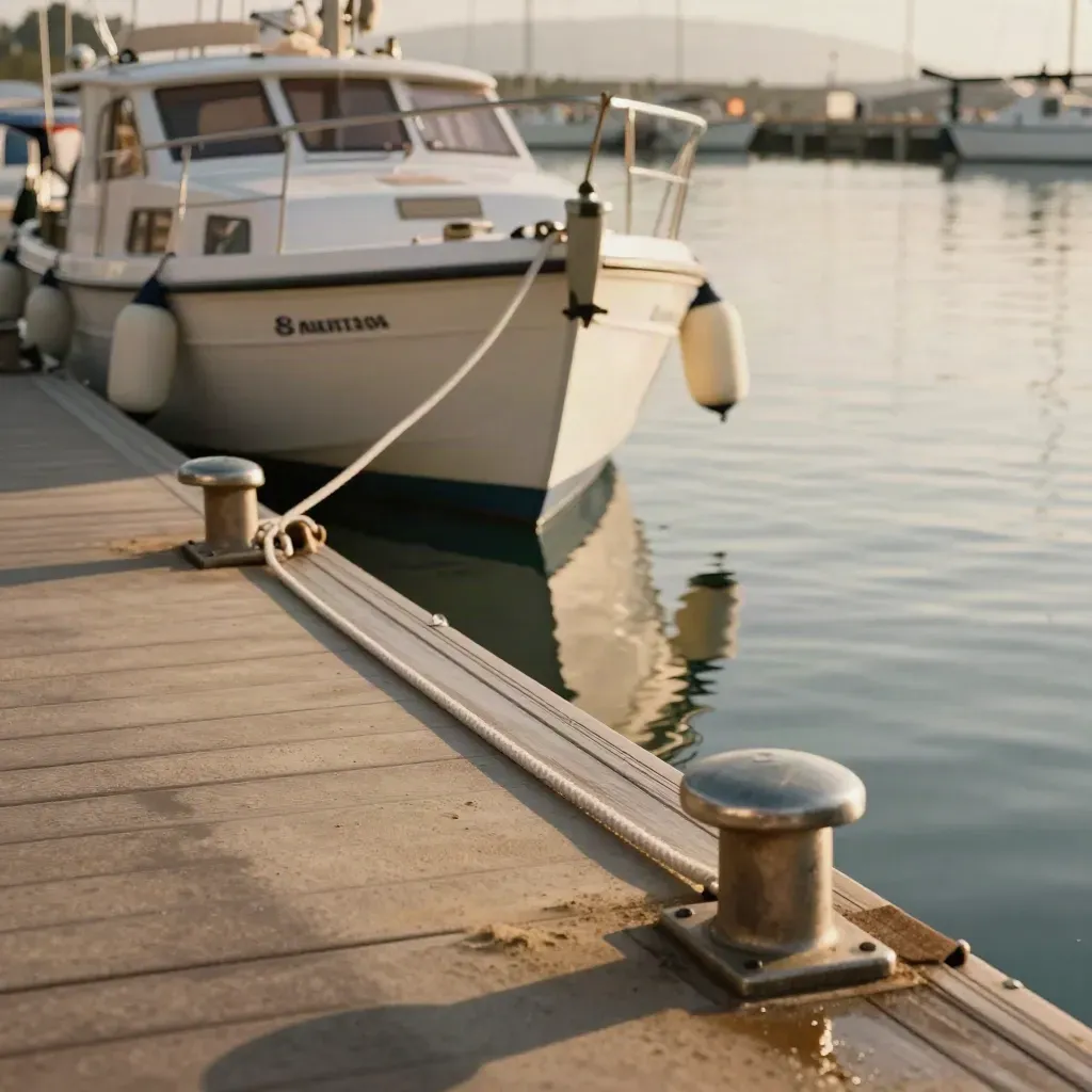 Kleines Boot liegt ruhig am Pier, sauber vertäut mit Fendern und glattem Wasser.