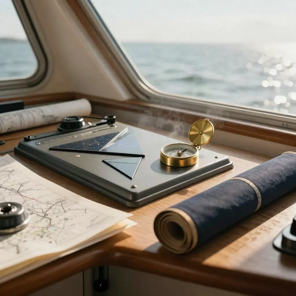 Yacht-Kajüte mit Navigationssetup, Plotter, Kursdreiecken, Kompass und Kartenrolle.