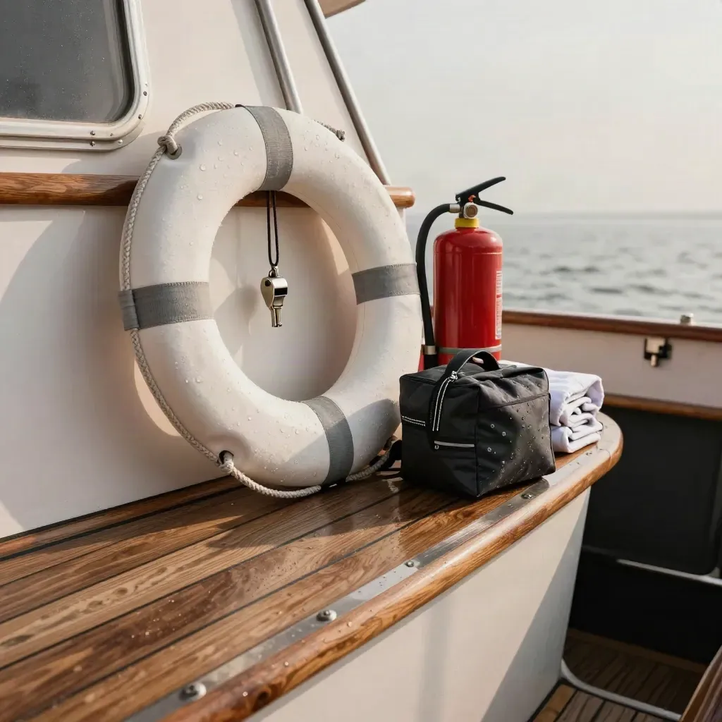 Sicherheitsset an Deck mit Rettungsring, Pfeife, Decke, Löscher und Notfalltasche im Morgennebel.