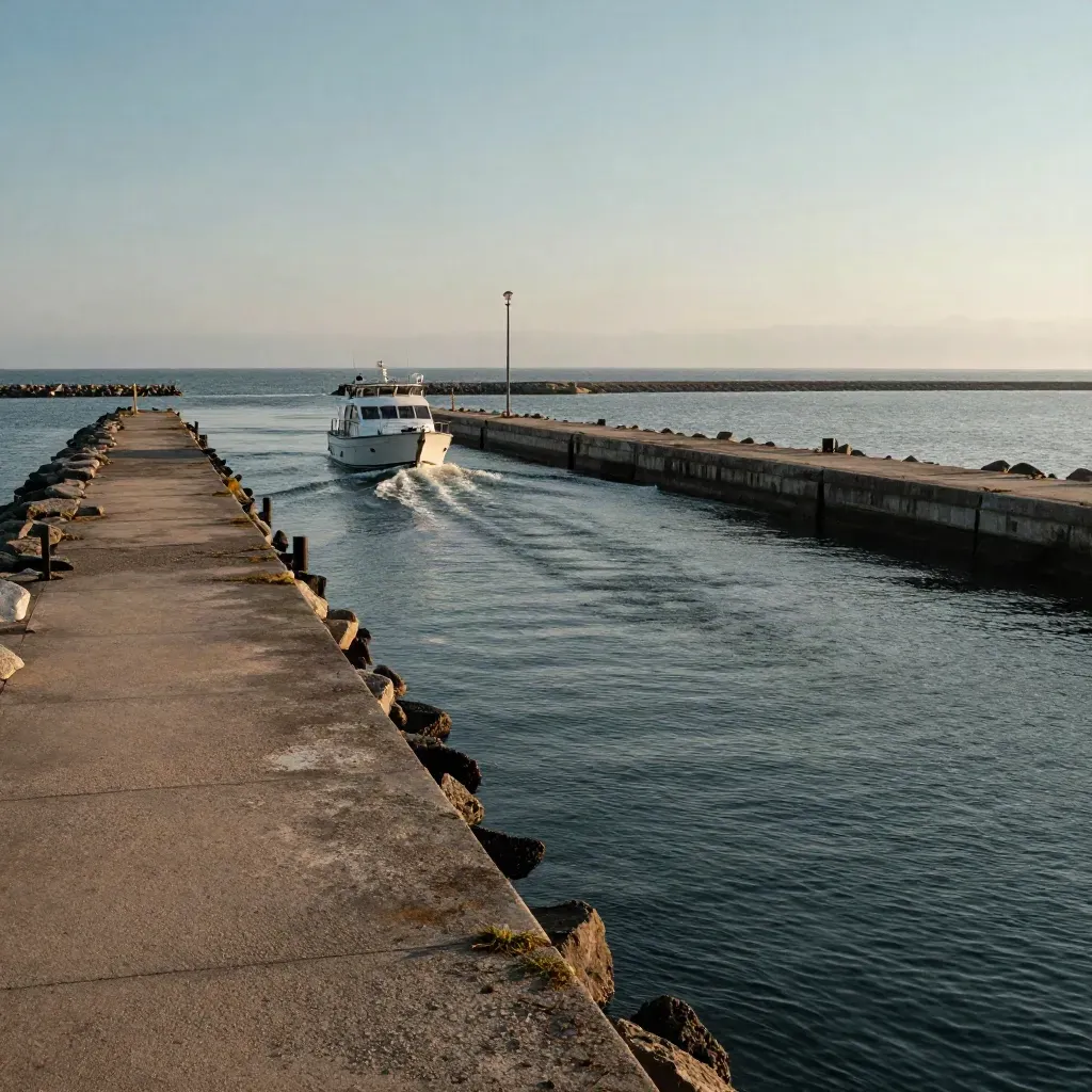 Ostsee-Auslaufpassage mit kleinem Eignerboot, ruhigem Himmel und klarer Fahrwasserlinie vom Kai aus.
