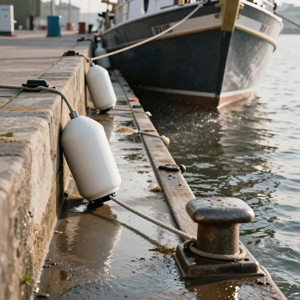 Hamburger Kaje mit Fendern, tauten Leinen und aufgewühltem Wasser im Seitenwind