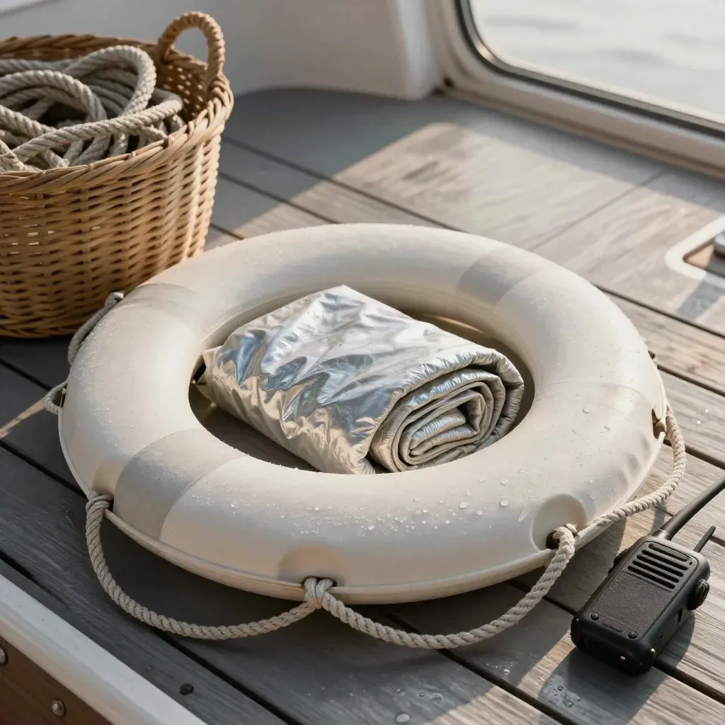 Nahaufnahme eines geordneten Decks mit Rettungsring, Notdecke, Leinenkorb und Funkgerät