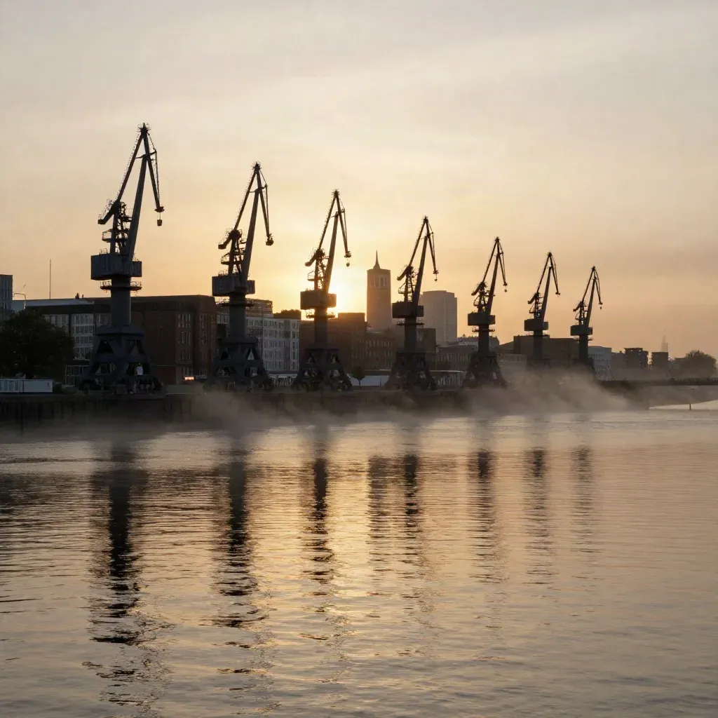 Hamburger Hafen mit Speicherstadt und Elbkränen im warmen Abenddunst, ruhiges Wasser unten