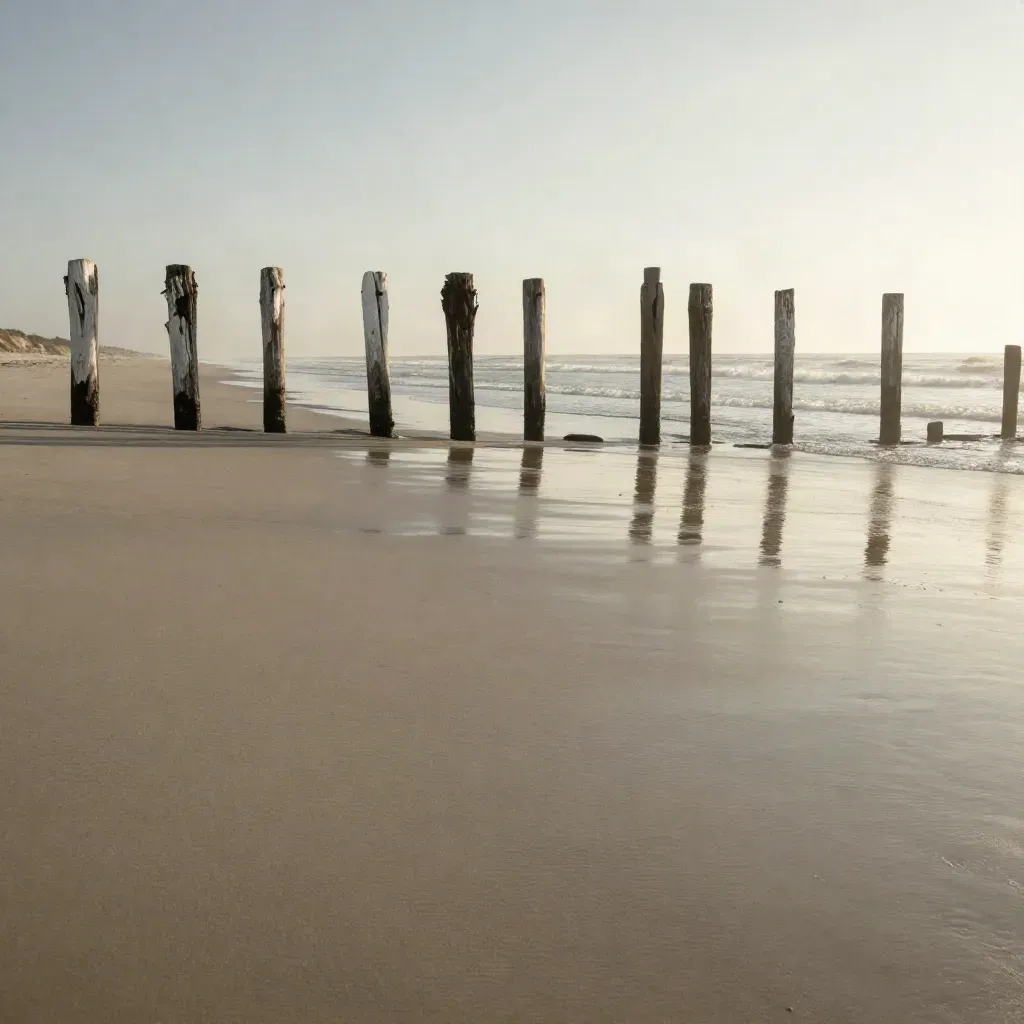 Warnemünder Strand mit Holzpfählen, nassem Sand und ruhiger Küstenlinie im Abendlicht