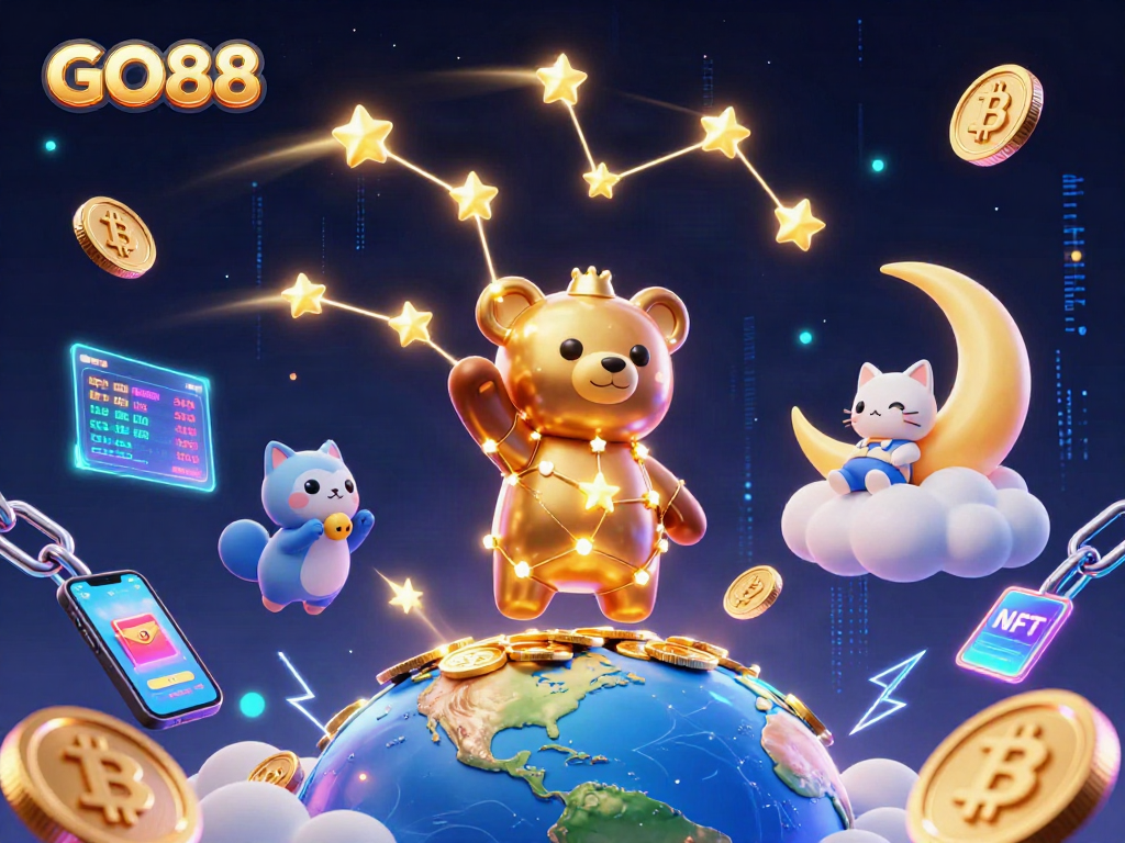 Play exciting games at GO88, featuring vibrant 3D elements and cosmic characters.