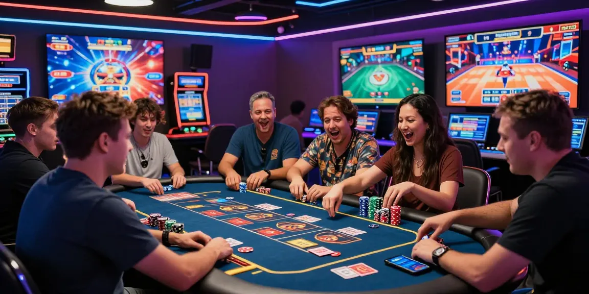 Exciting gaming scene at https://b52a.jp.net/ with diverse players at vibrant tables, interactive gaming and colorful lighting.
