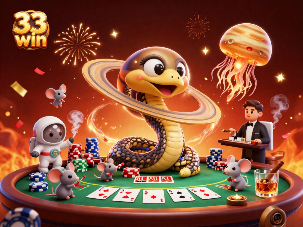 Get ready to win big at 33 win with this vibrant 3D cosmic casino scene featuring playful characters.