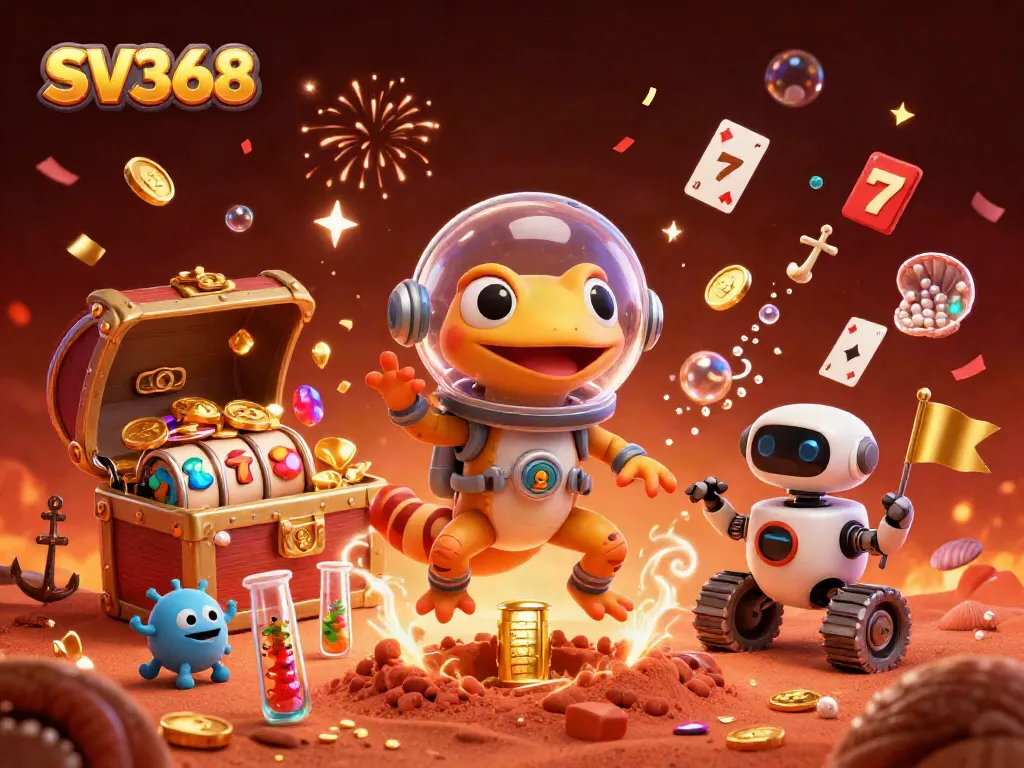Play and win big at SV368 with a vibrant 3D casino scene featuring slot elements and Martian characters.