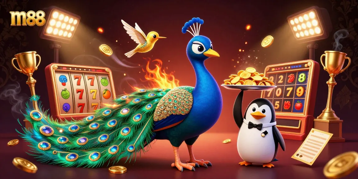 Spin to win with m88, showcasing a vibrant casino atmosphere with a peacock and golden elements.