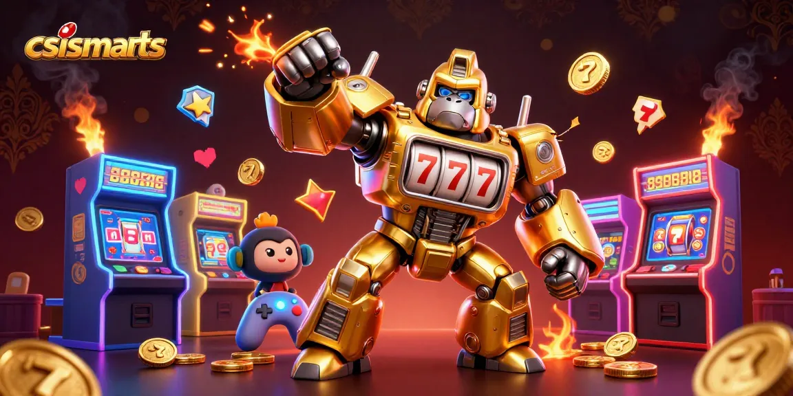 csismarts showcases a dynamic golden gorilla mech engaging in slot gaming action amidst vibrant arcade elements.