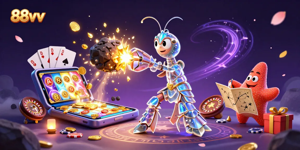 A vibrant scene showcasing 88vv with a samurai mantis shrimp, dynamic casino gaming elements.