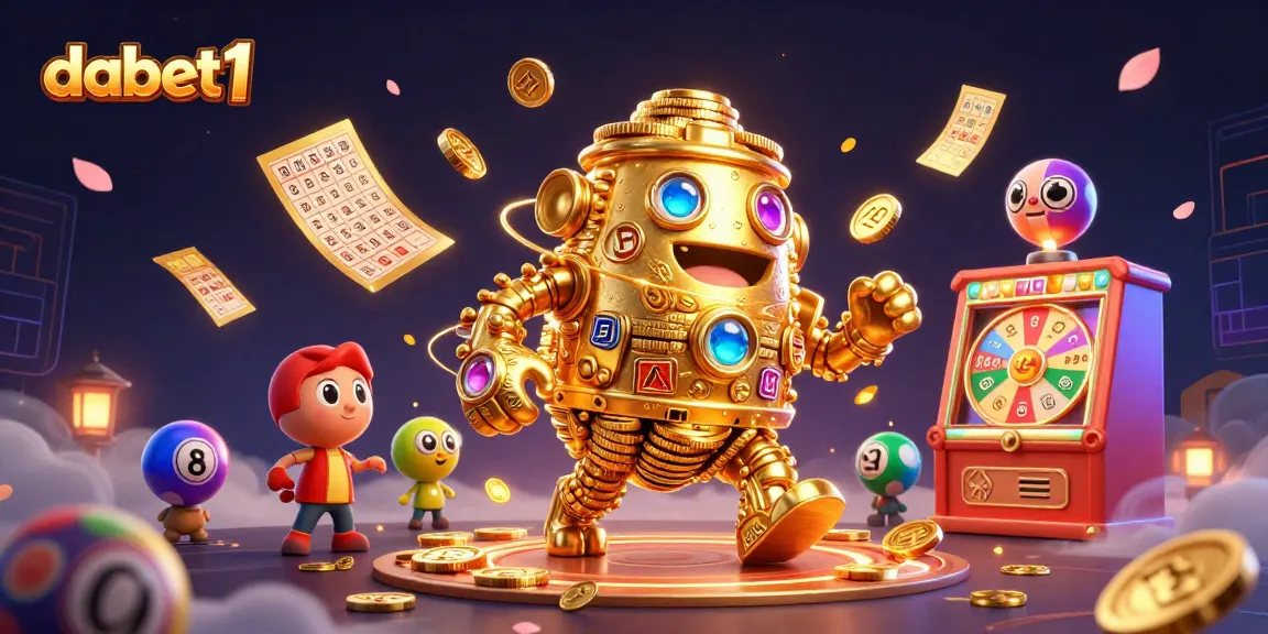 A thrilling scene showcasing dabet1 as a golden golem amidst lottery balls, bingo cards, and vibrant gaming elements