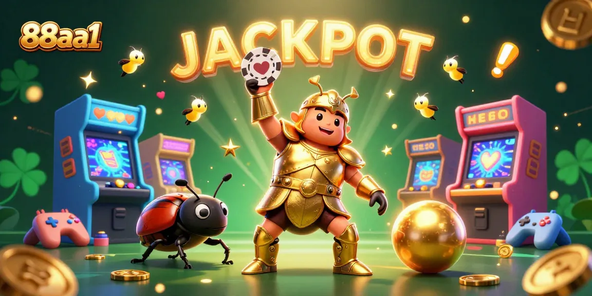 Experience the excitement at 88aa1 with a vibrant 3D illustration of a beetle hero celebrating a jackpot win.