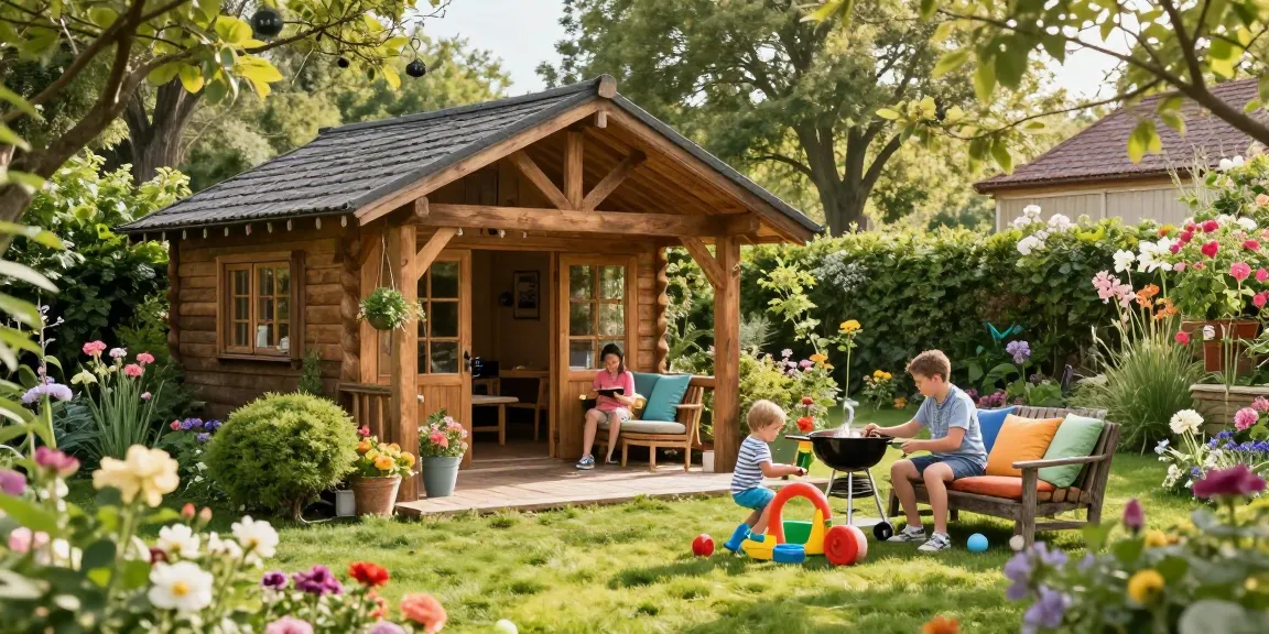 Gartenhaus umgeben von bunten Blumen und einem schönen Garten, Familie genießt einen sonnigen Nachmittag.