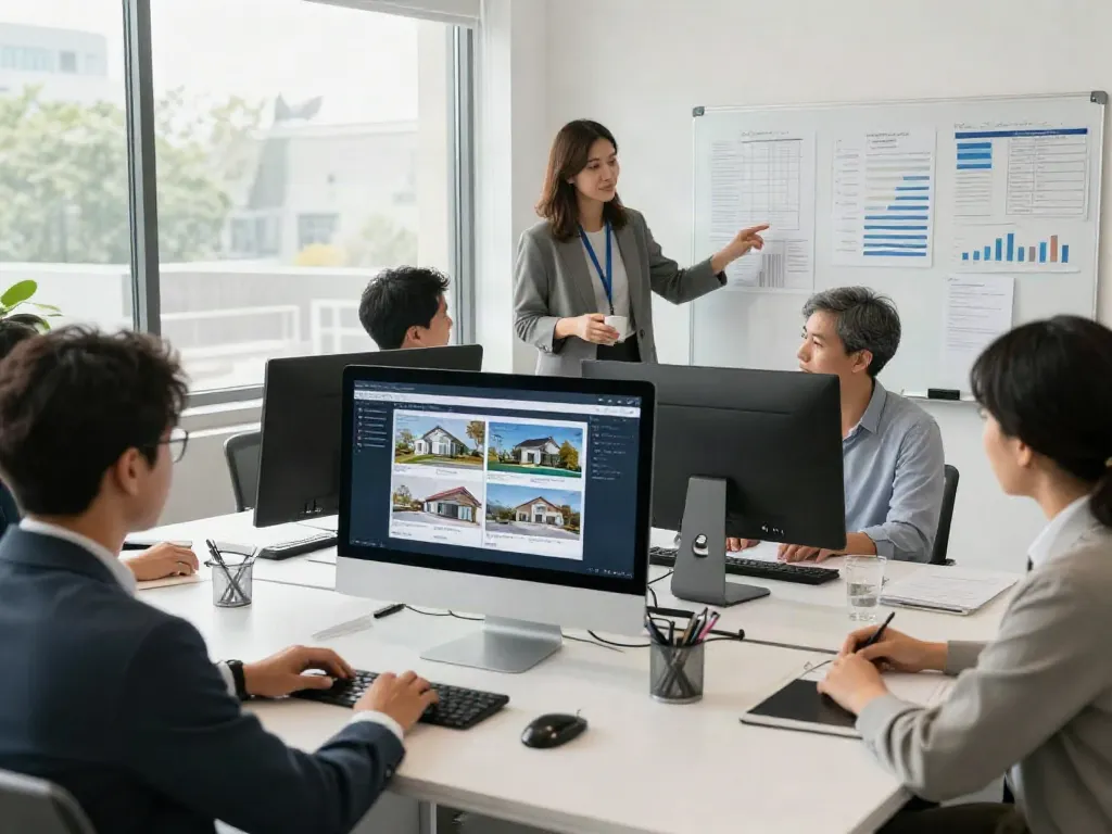 Immobilienmakler Gütersloh bei der strategischen Besprechung in modernem Büro mit digitalen Technologien.