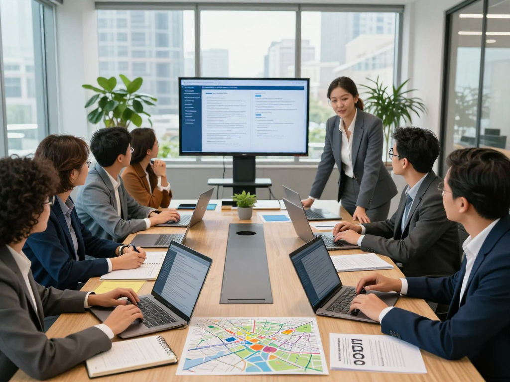Engaged team of public administrators enhancing Datenschutz und Barrierefreiheit for Öffentliche und gemeinnützige Einrichtungen Kommunen in a modern office.