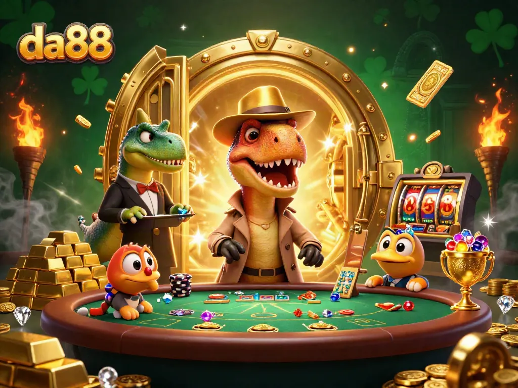 da88 showcases a thrilling casino scene with a velociraptor card counter, adding excitement to blackjack.