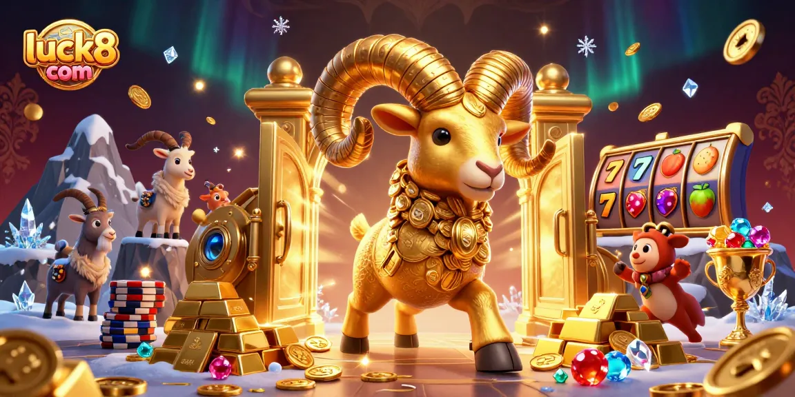 Engage with luck8 com's vibrant casino scene featuring a golden ram amidst slot reels and treasures.