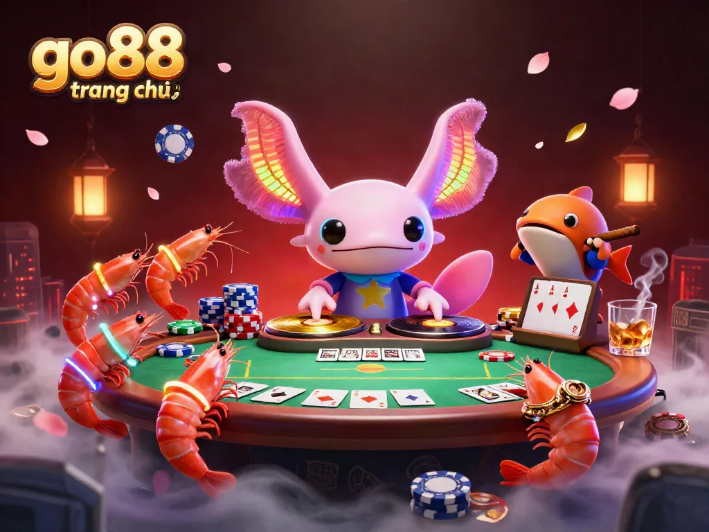Engage with go88 trang chủ at a colorful underwater casino scene featuring a DJ axolotl, poker chips, and vibrant sea life.