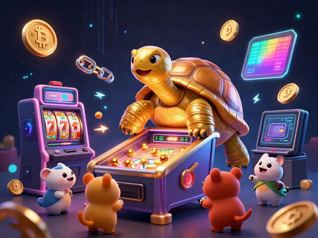 Engaging slot-themed scene with a golden tortoise pinball machine, crypto coins, and small animals playing.