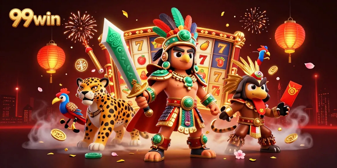 Win big at 99win with an illustrated 3D Aztec-themed casino action scene featuring slot games