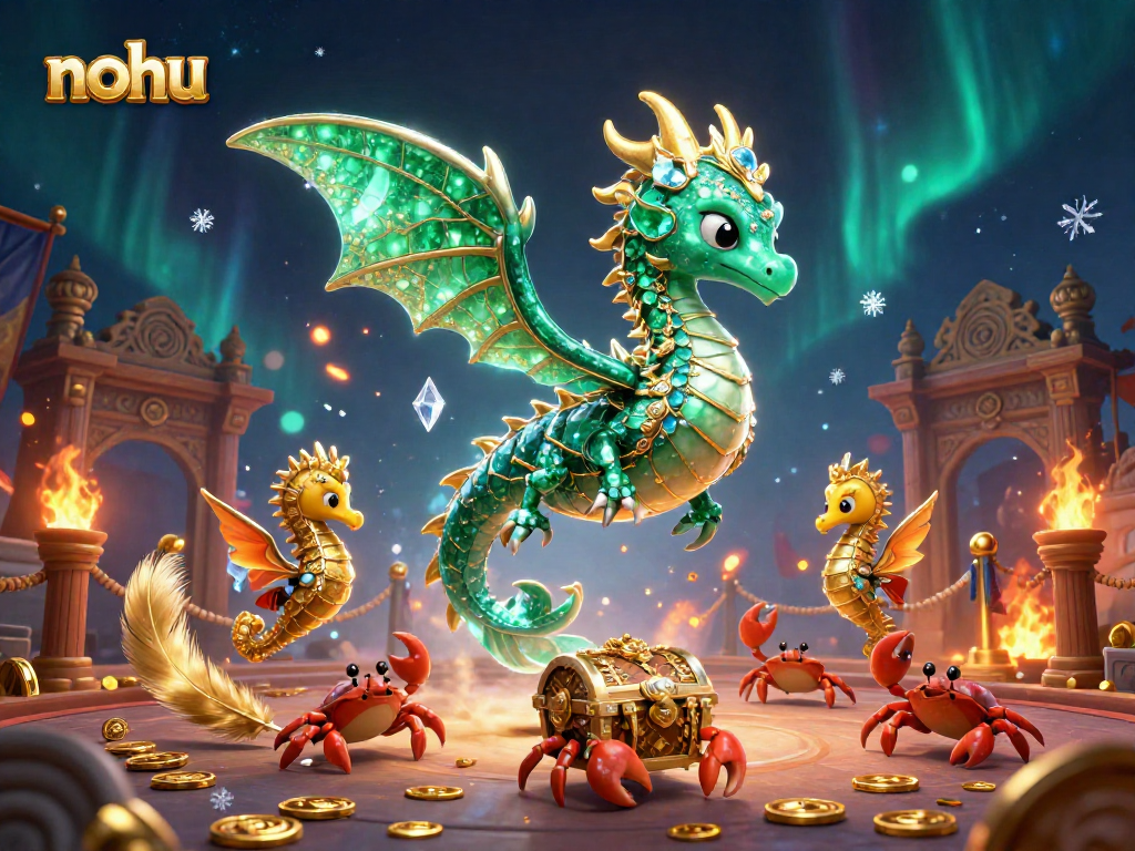Engage with nohu using a 3D sea dragon, royal seahorse, and treasure chest in a dynamic gambling scenario.