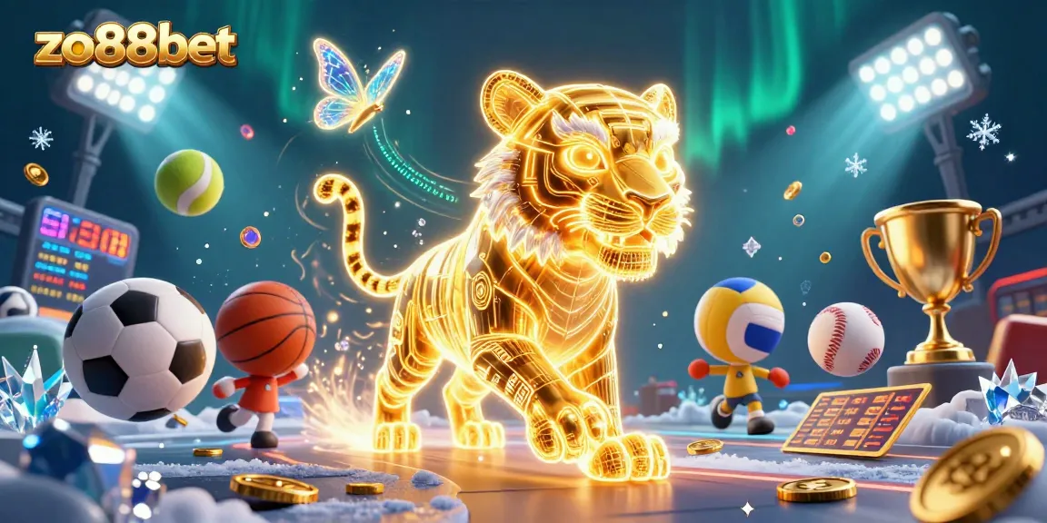 Experience the excitement of zo88bet with a vivid digital casino landscape showcasing sports elements and a magical tiger.